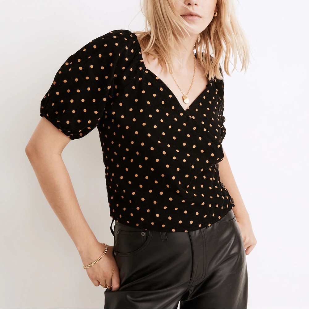 Madewell Corduroy Puff-Sleeve Wrap Top in Oval Dot